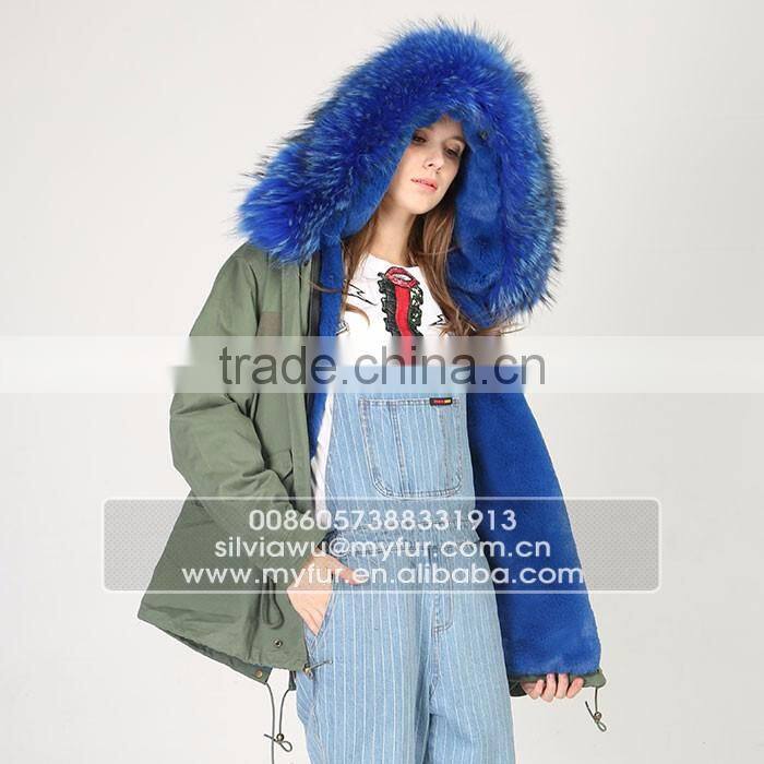 Myfur Luxury High Quality Faux Fur Lining Raccoon Fur Hooded Mini Parka Jackets