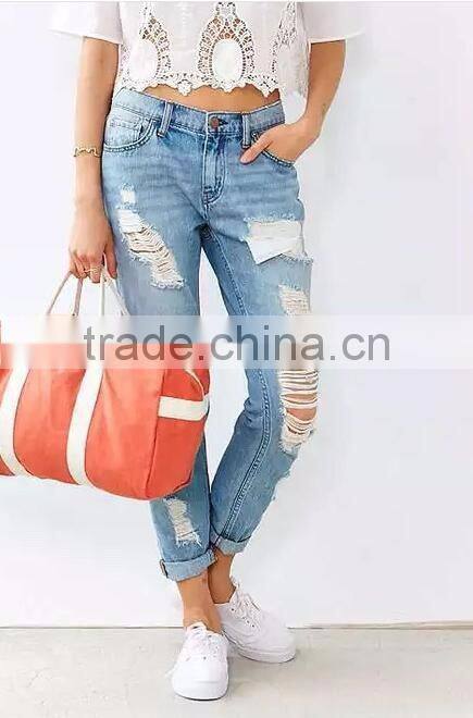 Runwaylover custom newest fashion stretch blue holes denim jeans women negotiate price