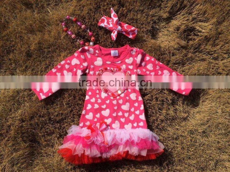 2015 new baby girls ribbon heart hot pink valentine dress