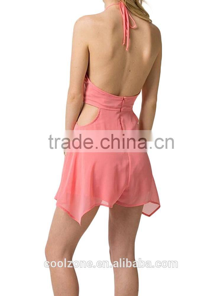 Wholesale Tie Halter Neck Backless Side Hollow Playsuits Clothing Manufacturers