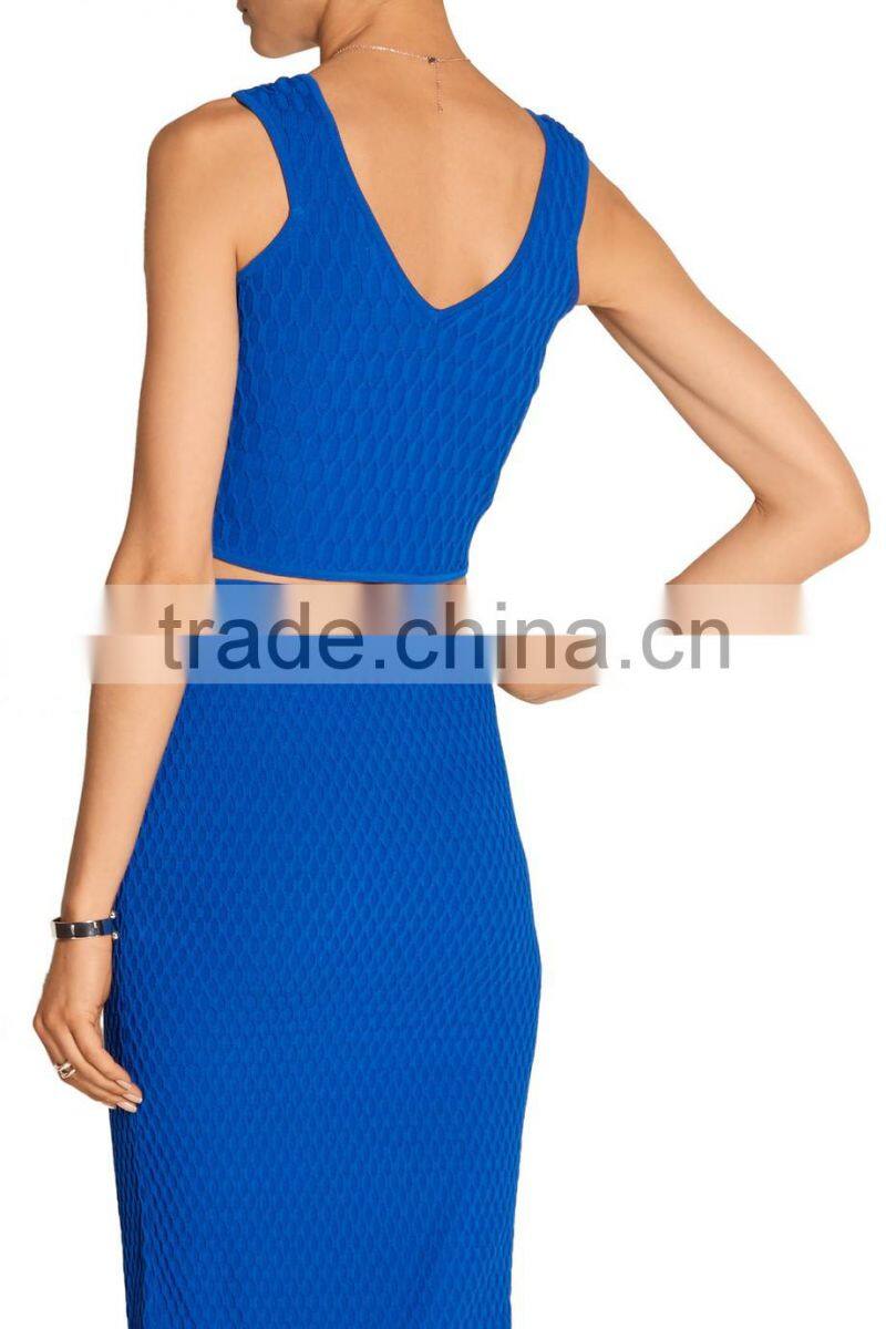 Sexy Designed Deep V-Neck Plain Blue Sweater Crop Top for Ladies