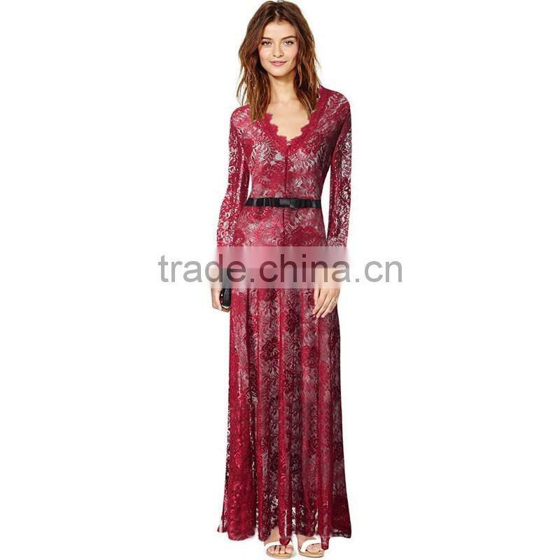 2016 Elegant Long Sleeve Women Dresses Sexy Lace V-Neck Evening Party Dress For OEM