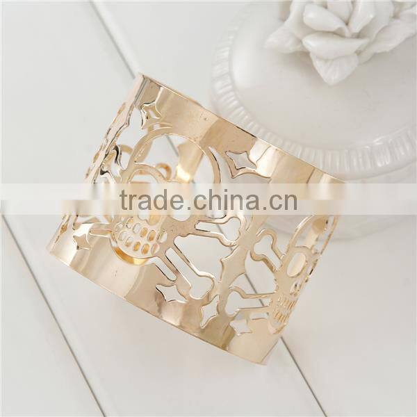 Gold Plated Cylinder Halloween Skeleton Skull Hollow Open Cuff Bangles Bracelets