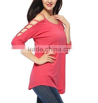 Women's 100% cotton comfort colors tShirts in bulk Hollowed Out Shoulder Three Quarter Sleeve