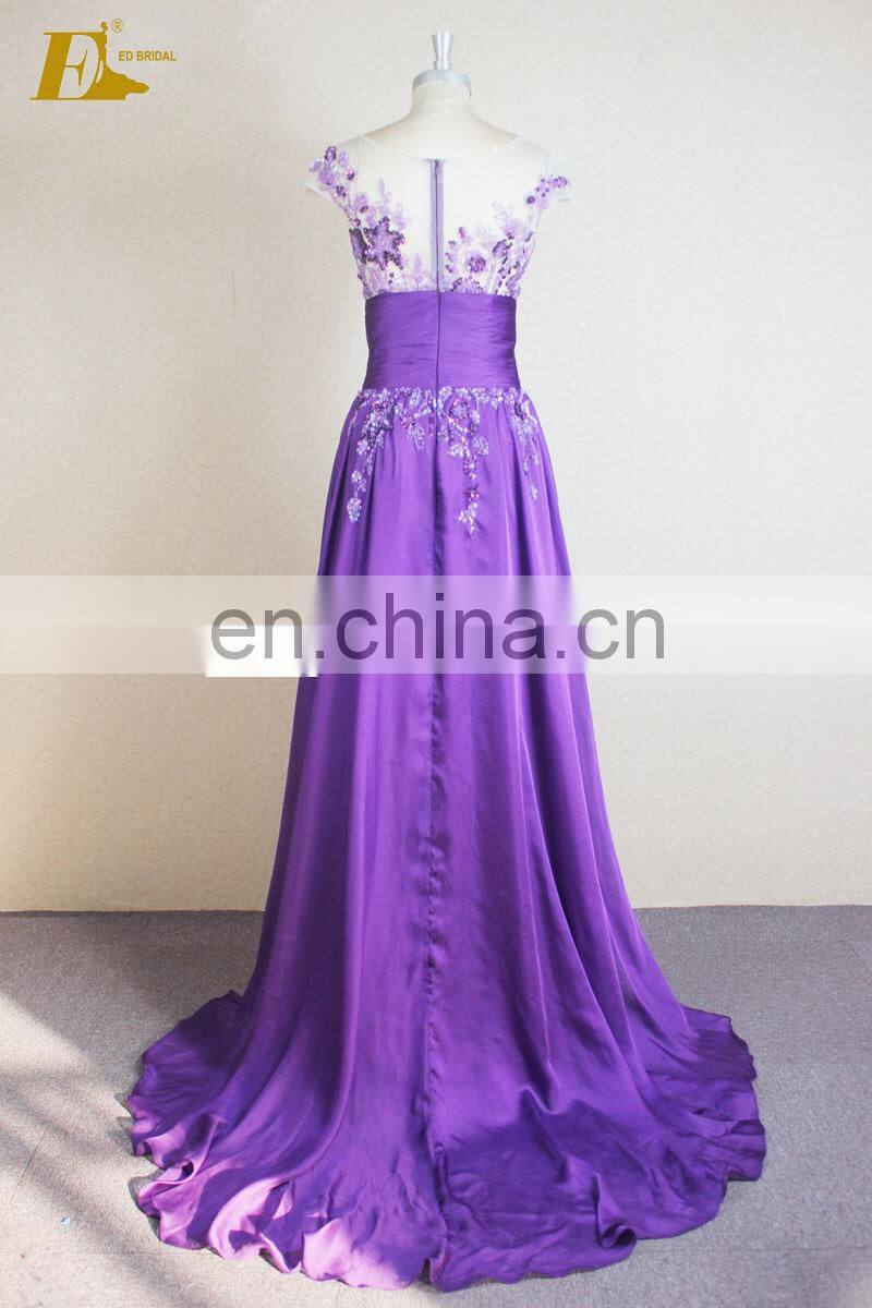Real Sample Scoop Neckline Cap Sleeve Handwork Beaded Purple Sexy Prom Dress For Girls
