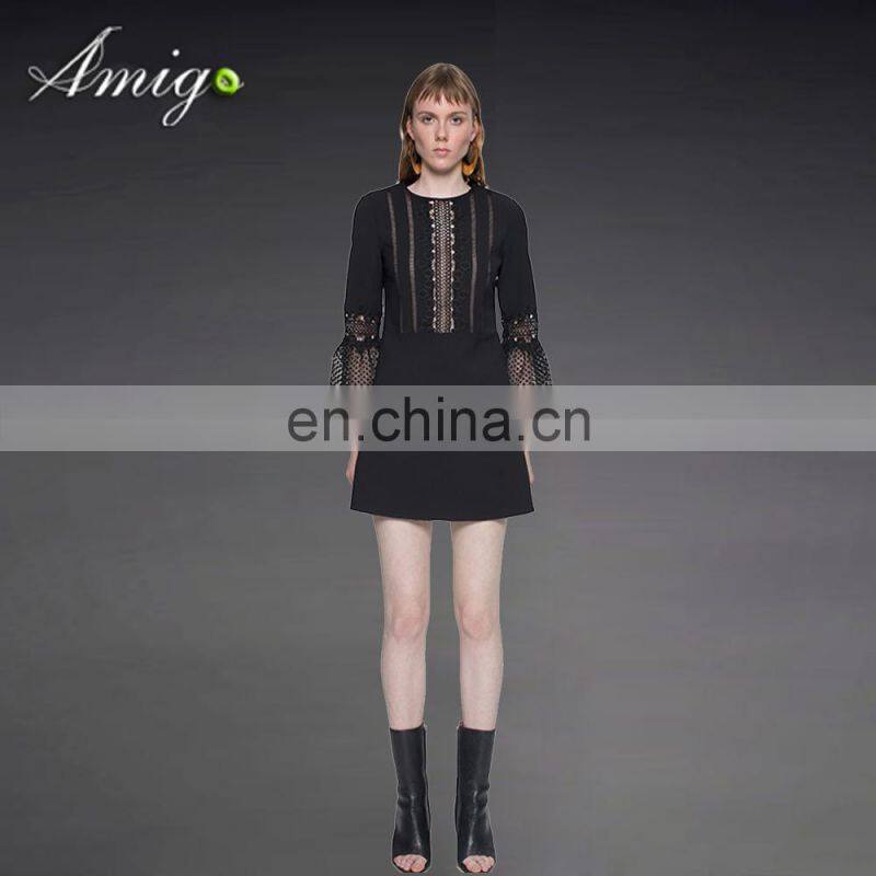 brand dress hollow long black sleeve lace dress traditional dresses