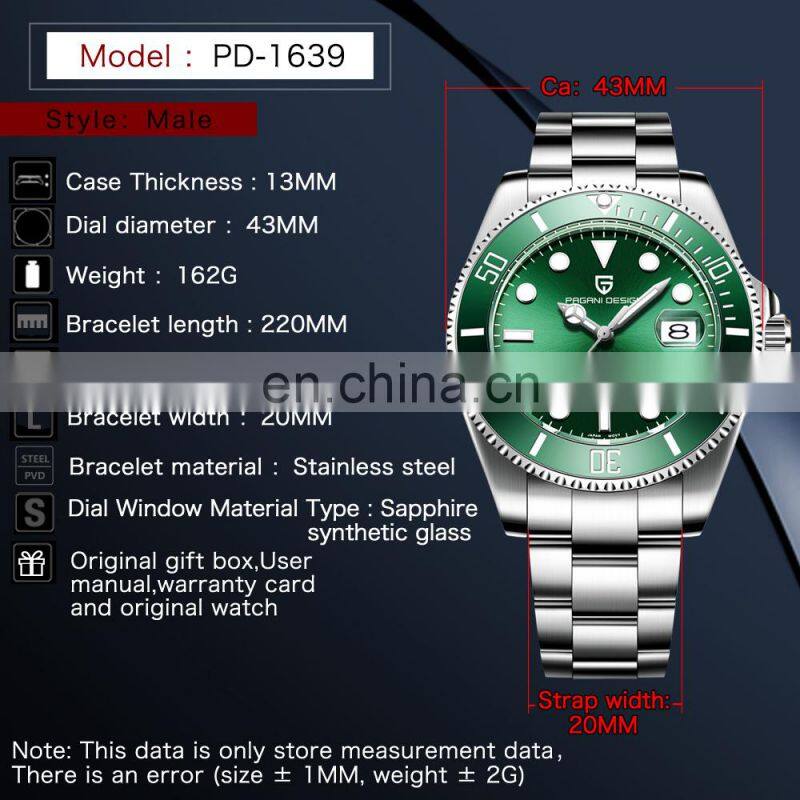Pagani Design 1639 High quality men stainless steel watches analog custom logo water resistant automatic mechanical watch