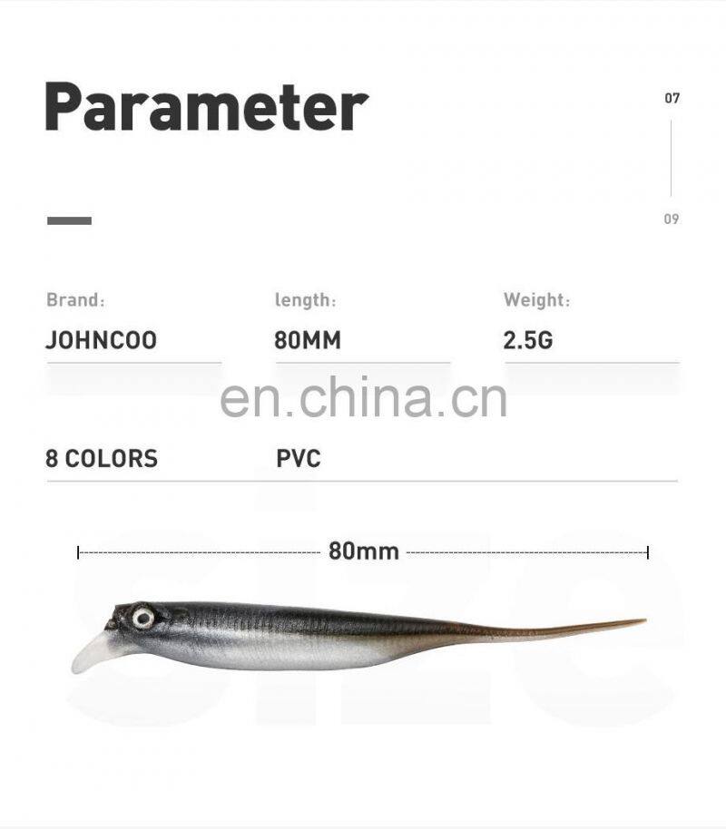 JOHNCOO Needle Shape Tail 80mm 2.5g Pvc Material Soft Bait Fishing Lures with Tongue 6pcs/bag