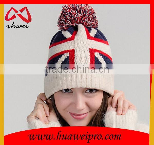 British national flag knitted beanie with pom poms and top ball