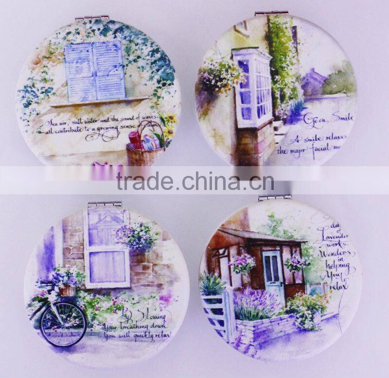2014 hot scenery painting round make up mirrors for wholesale,MB133