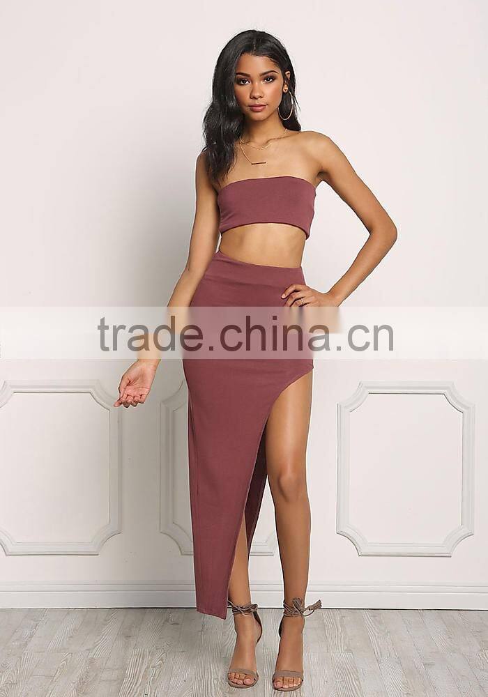Wine jersey knit high slit maxi latest skirt design pictures