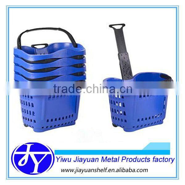 plastic market basket with two wheels and foldable handle bar