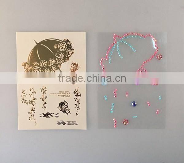 Custom fashionable rhinestone sticker metallic tattoo diamond gold temporary tattoo stickers