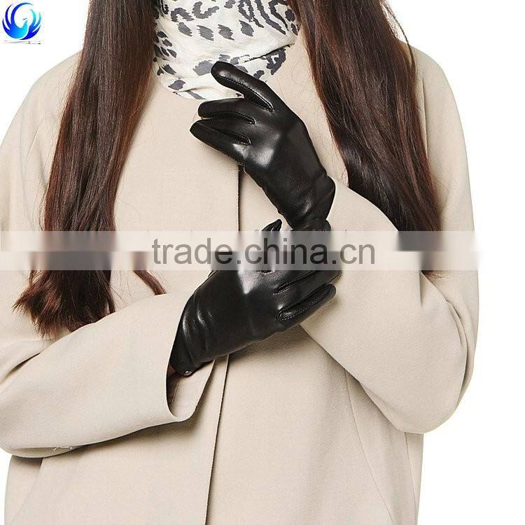 Factory custom wool lined ladies black tight sheepskin leather touch gloves