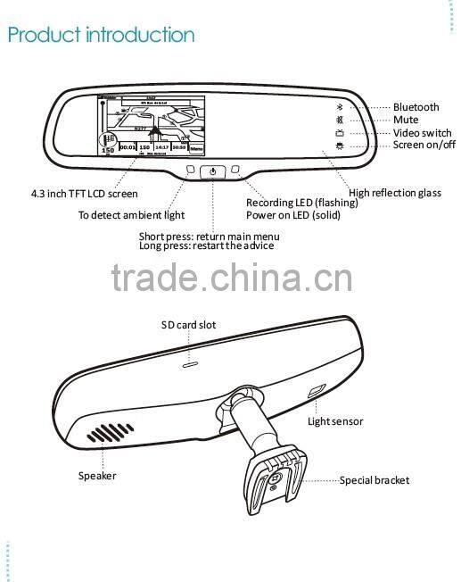 GPS and navigation rear view mirror 4.3 inch high digital LCD monitor audio output
