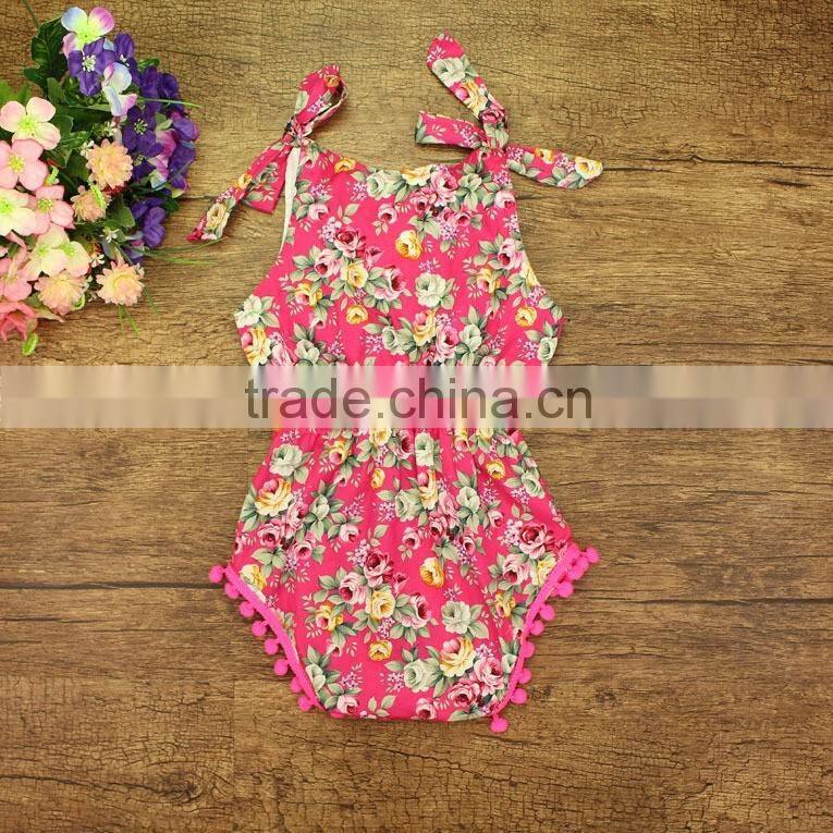 Wholesale kids jumpsuit baby girl pom pom rompers with rose flower baby romper clothes baby rose floral patterns
