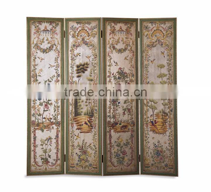Antique Light Green Design Wooden Drawing Screen Hand Painted Curio Classic Furniture Decorative 4pls Folding Floor Screen