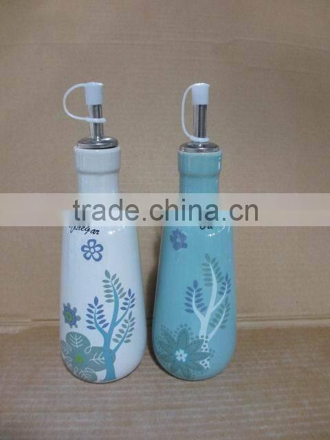 ceramic cream brown glaze flower design oil olive and vinegar bottle set