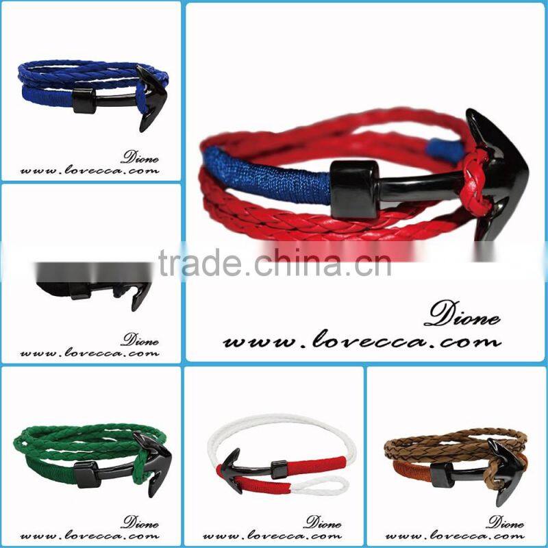 Fashion Jewelry Wholesale Leather Steel Anchor Hook Bracelet men ,Custom Jewelry Leather Nautical Bracelet