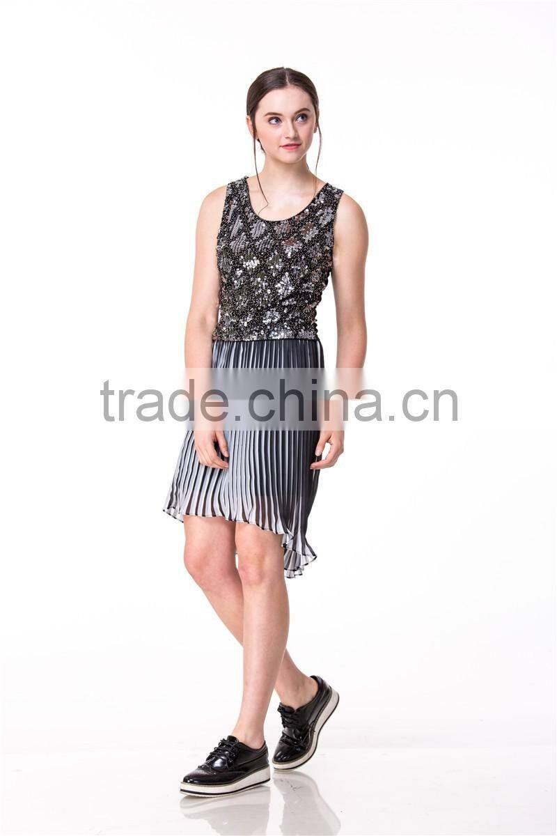 2017 New Arrival Lovely 2 Pieces set Christmas Beaded Top and Pleated White & Black Skirt