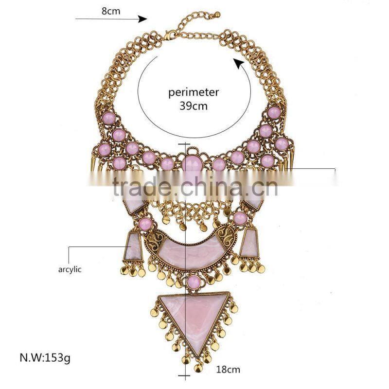 Fashion women pink arcylic gems gold plated alloy necklace jewelry