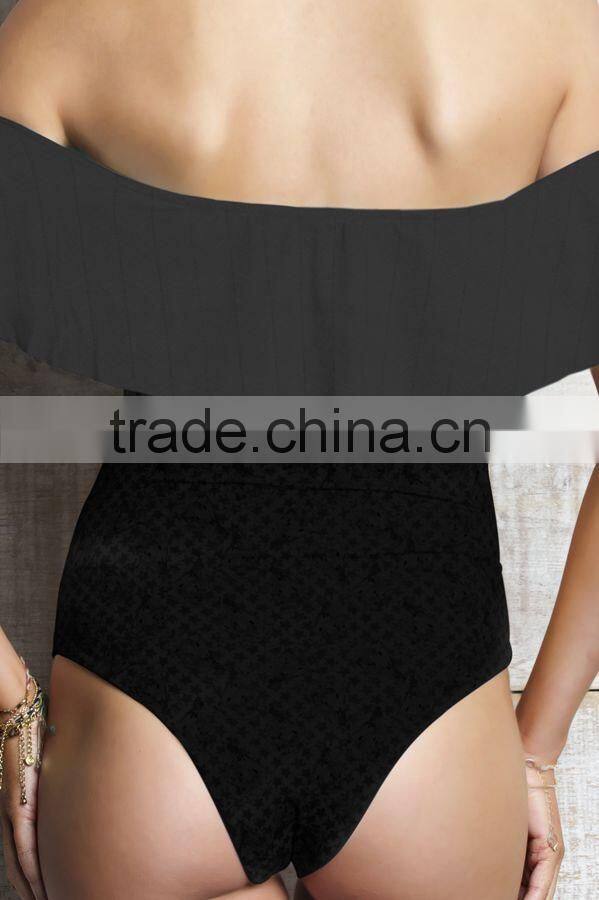 ladies fashion black with big ruffle one-piece swimwear