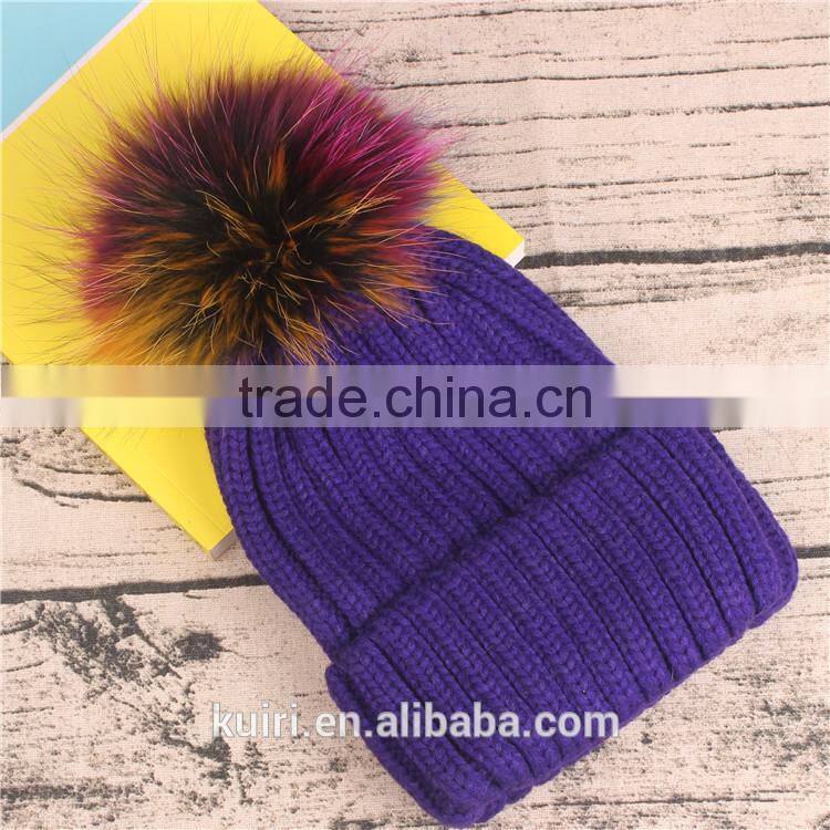 Wholesale Beanie Hats with raccoon fur ball for lady