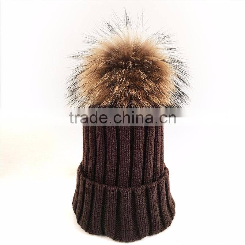 Myfur Super Size Raccoon Fur Pom Pom Detachable Fur Ball Knit Hat
