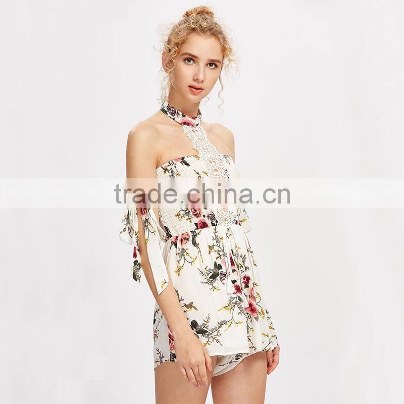 Polyester white ladies jumpsuit, floral print contrast lace playsuit