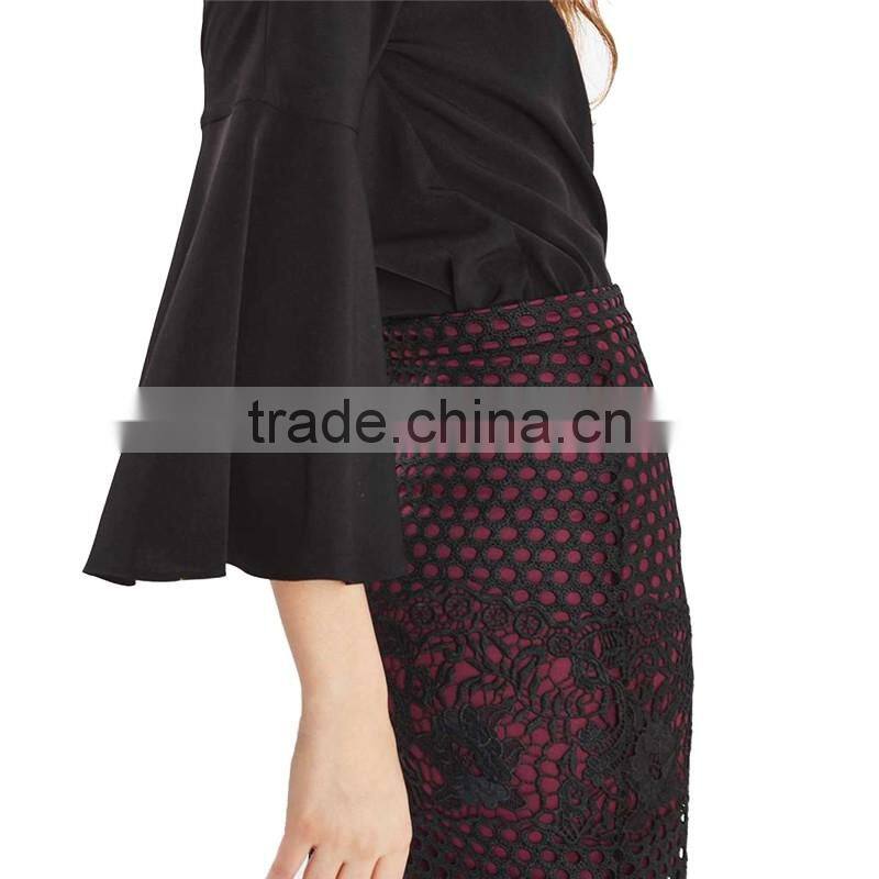 2017 OEM Spring Elegant Lace Panelled Pencil Mid Length Skirts