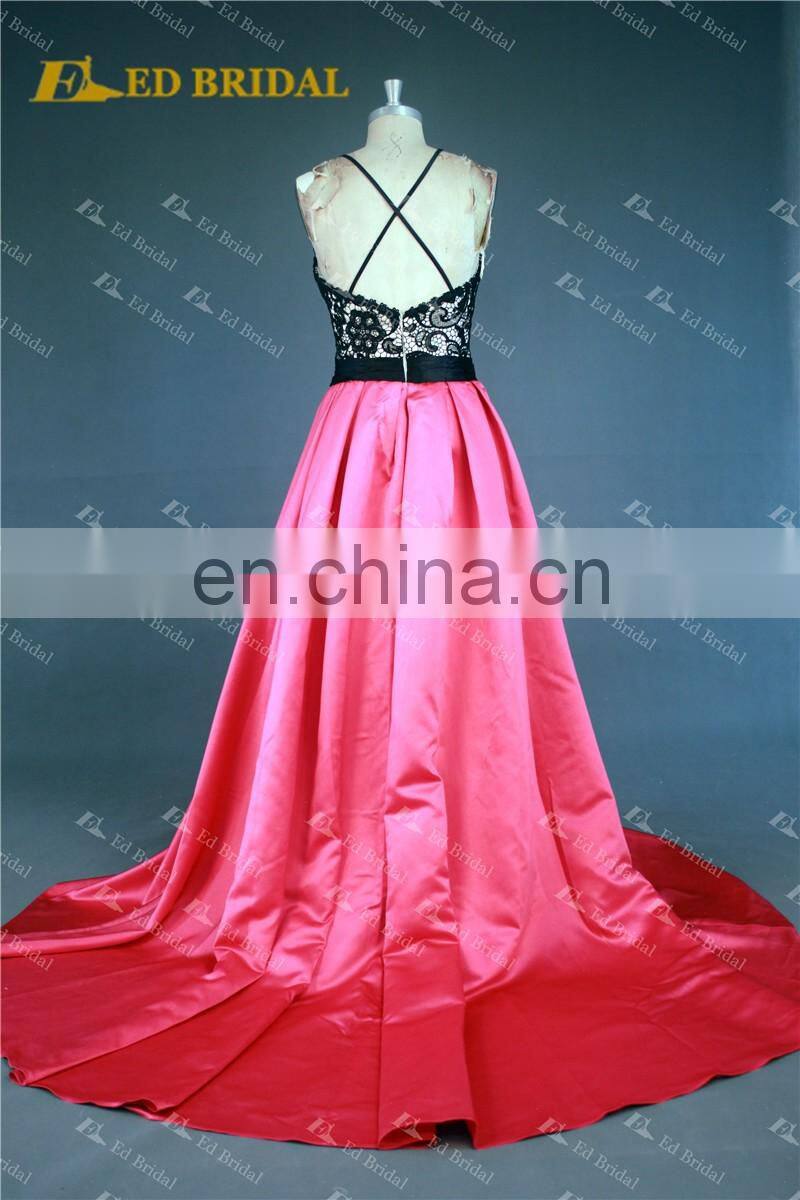 LN144 Real Sample Sexy Backless Criss Cross Spaghetti Straps Black Lace Top Fuchsia Prom Dress Patterns