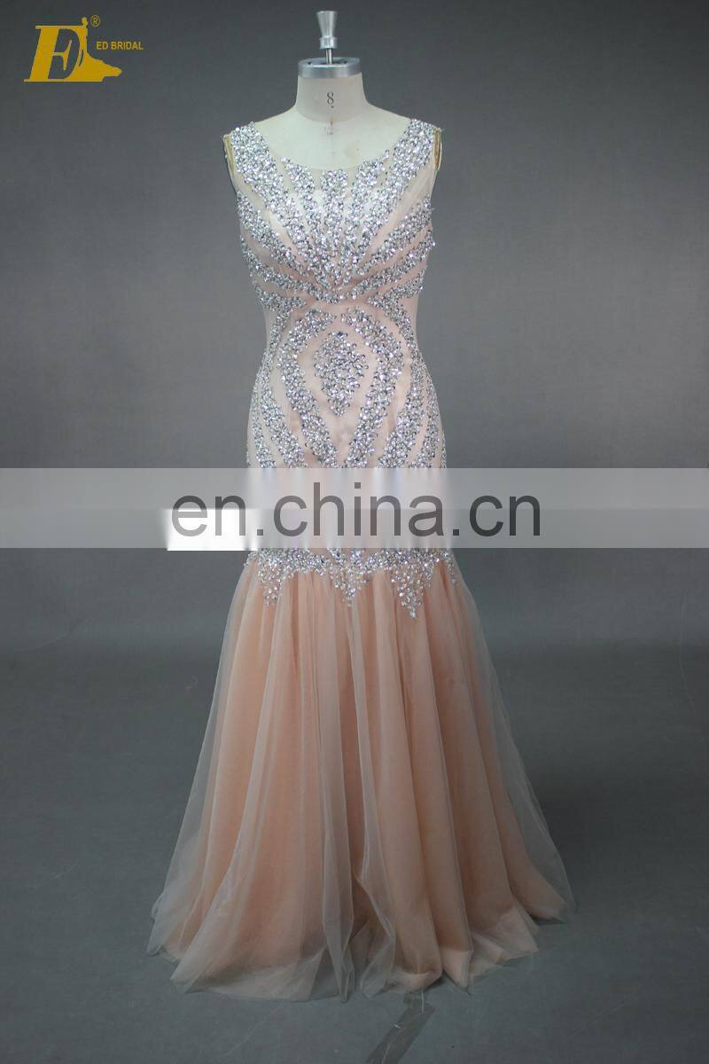 ED Real Sample Sleeveless High Collar Beads See-through Back Evening Dress