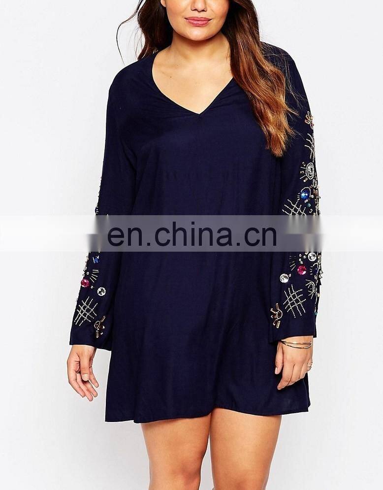 New trendy women wholesale V neck blouse with sleeve beading design