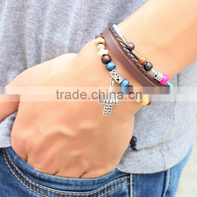 Zinc Alloy Silver Cross Leather Charm Pendant Bracelet