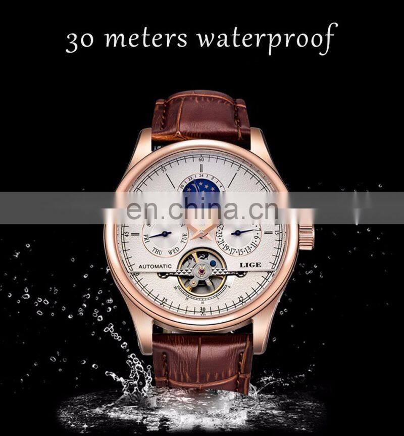 Lige 6826 Retro Men Mechanical Watches Tourbillon Waterproof Leather Top Brands Luxury Watch Automatic Mens