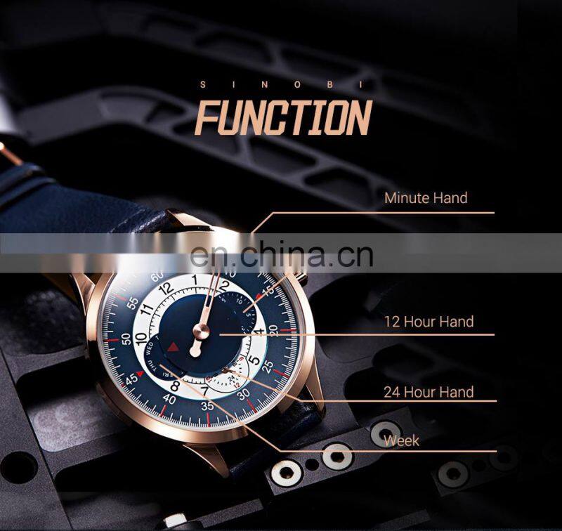 SINOBI Blue Leather Band Wrist Watches S9815G Chronograph Hand Watches Man Hollow Out Pointer Male Watch Montre Homme