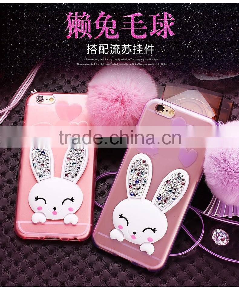 TPU Rhinestone Silicone Strap with Bracket Rabbit Fur Ball Case for iPhone 6S/6Plus