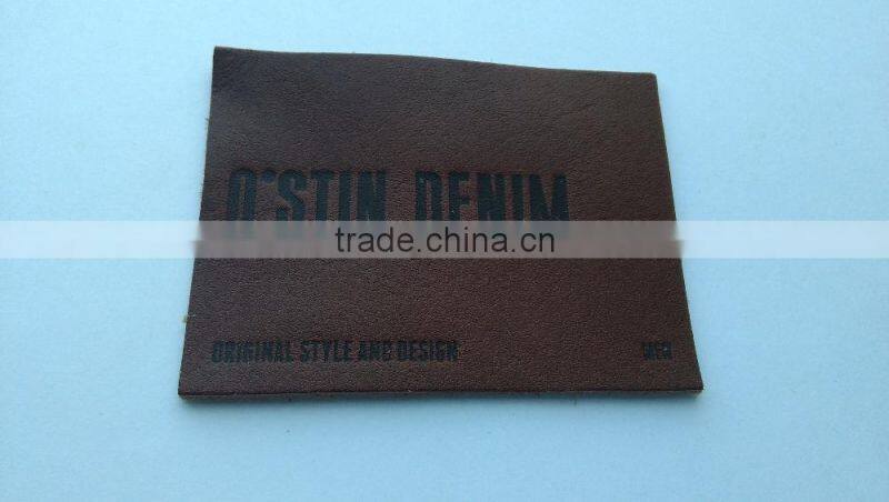 Custom real leather rectangle brown embossed slim patch for jeans