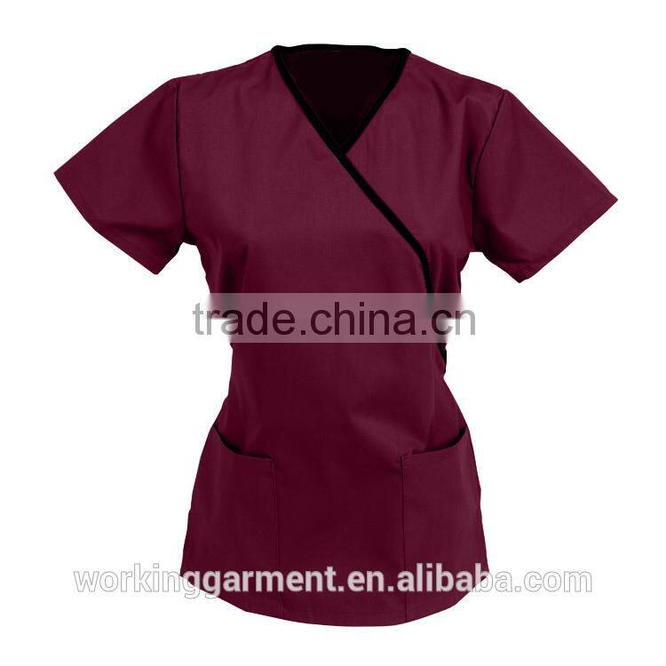 Wholesale OEM Hotsale Fashion Scrub Classics Women's Contrast Wrap Solid Top/Hospital uniformTop