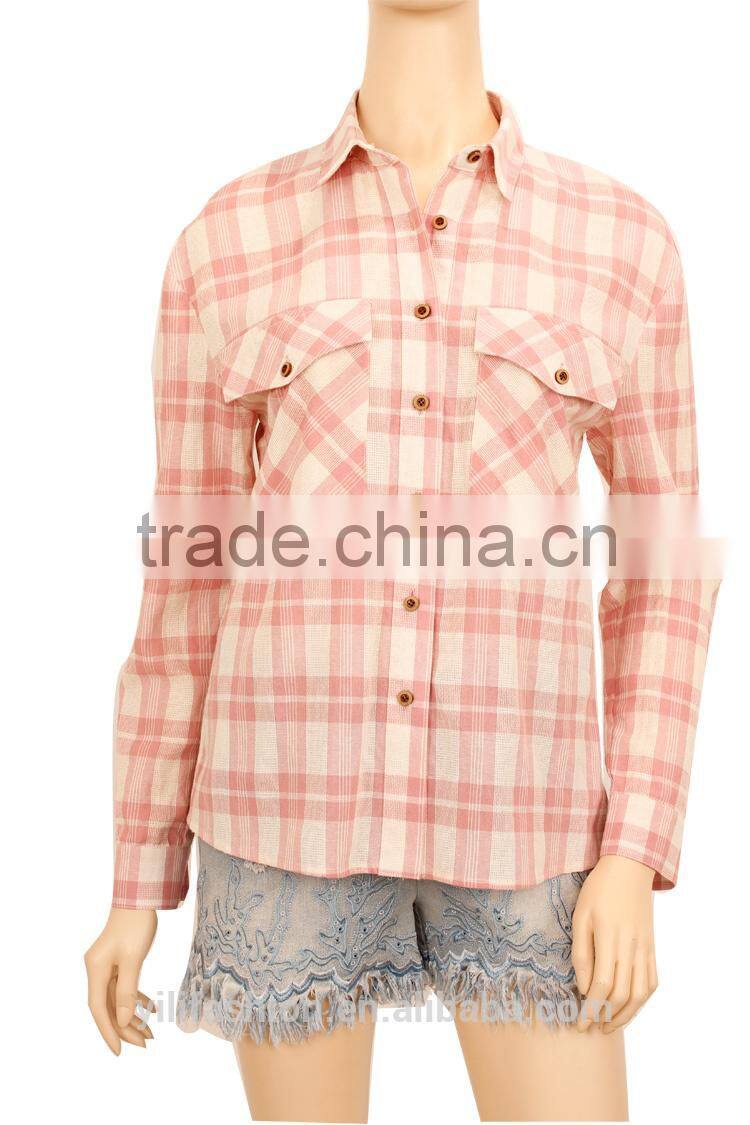 2016 100% cotton woman clothing oem long sleeve plain checked t-shirt manufacturing china