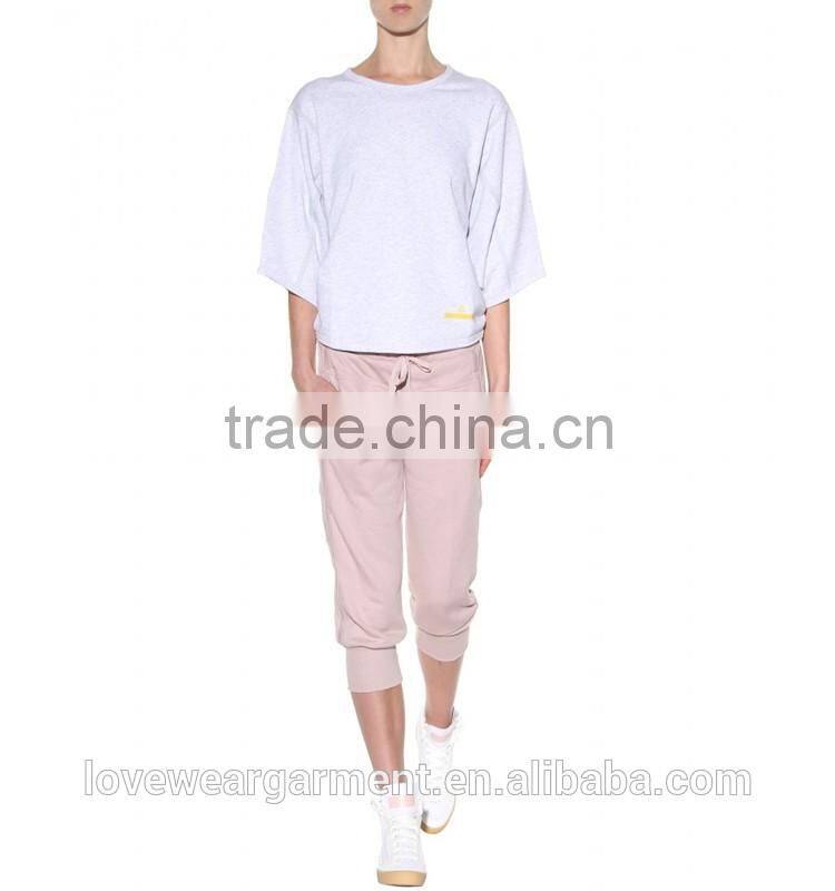 3/4 three quarter cotton fleece pants with drawstring for women