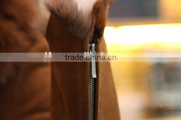 Fashion Design Double Face Shearing Lamb Fur Garment With Fox Fur Collar Detachable