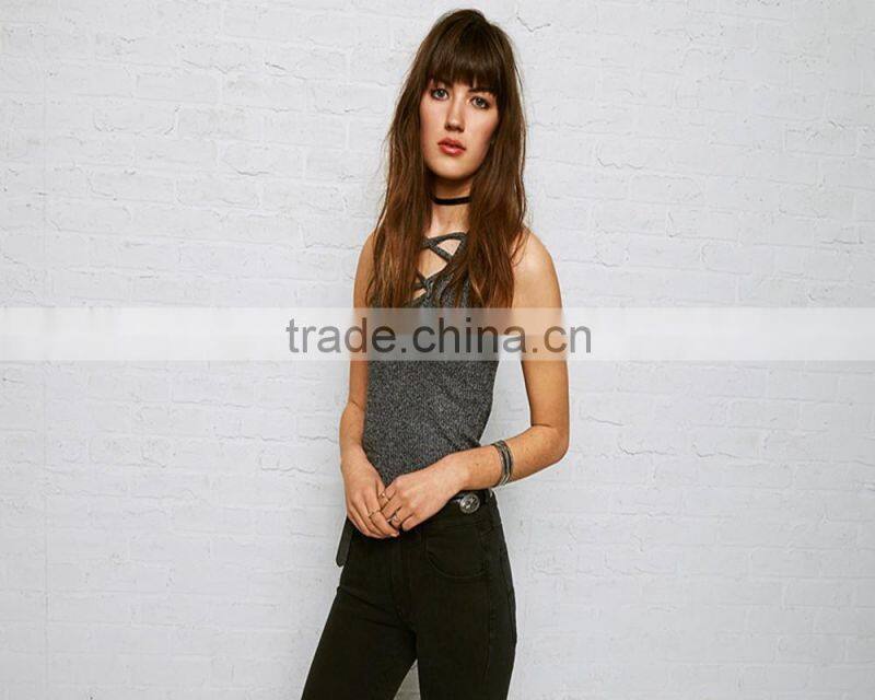 Fashion lace up front crop top white racer style crop top