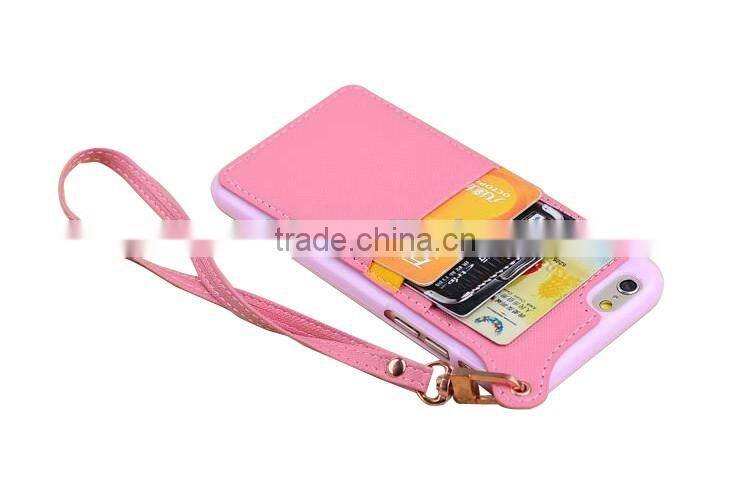 Ultra thin pu skin+tpu dual color cellphone pocket leather case for iphone 6/6s with hand rope
