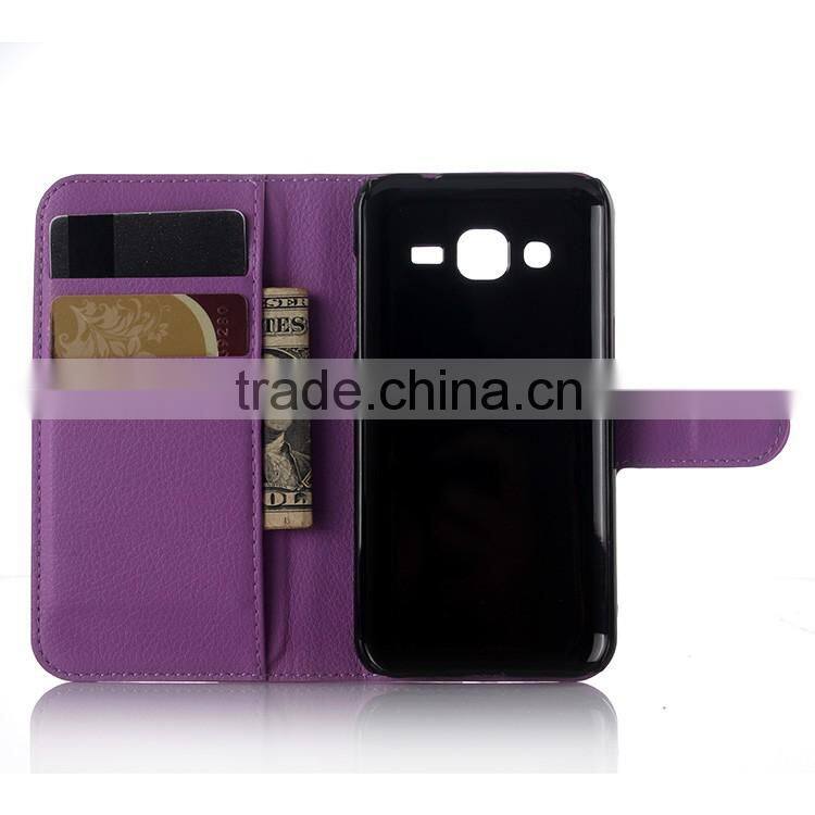 Hot Selling Ultra Thin Lichee PU Leather Case Wallet Folio Flip Cover for Samsung GALAXY J3