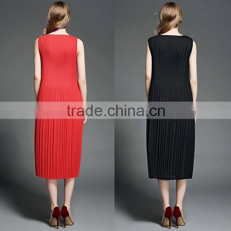 2016 Summer Fashion High Quality Long One Piece Dress Lady Pleated Sleeveless Red Black Maxi Dresses For Women Ladies