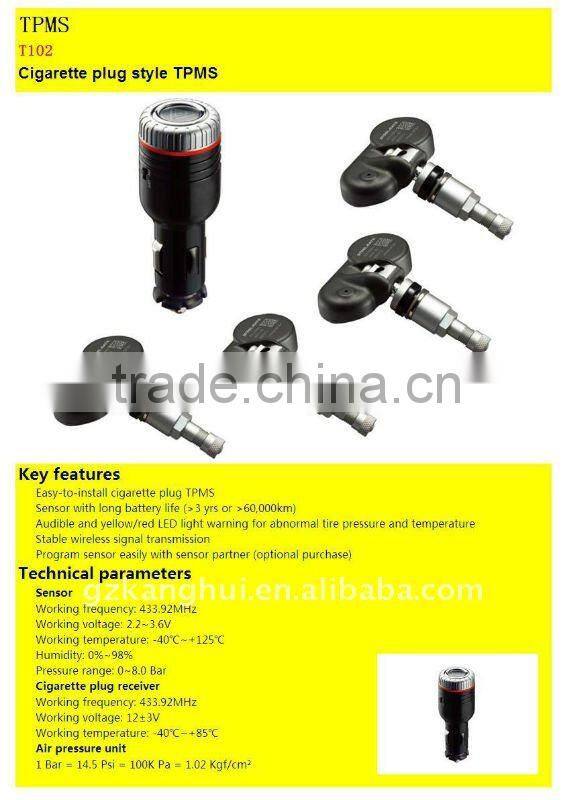 car tire pressure monitoring system T-102 with long life tadrian battery for the light weighted sensors