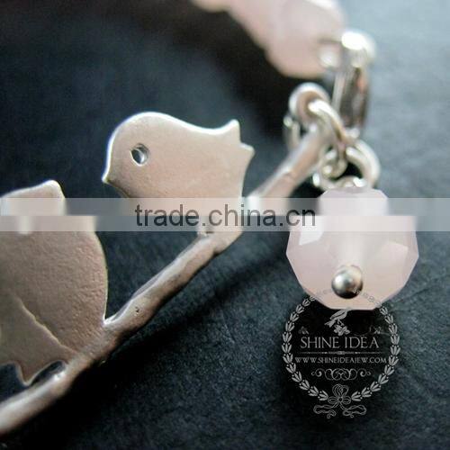 silver bird on branch charm summer ice pink faceted glass beads fashion women wiring bangle bracelet 6490038