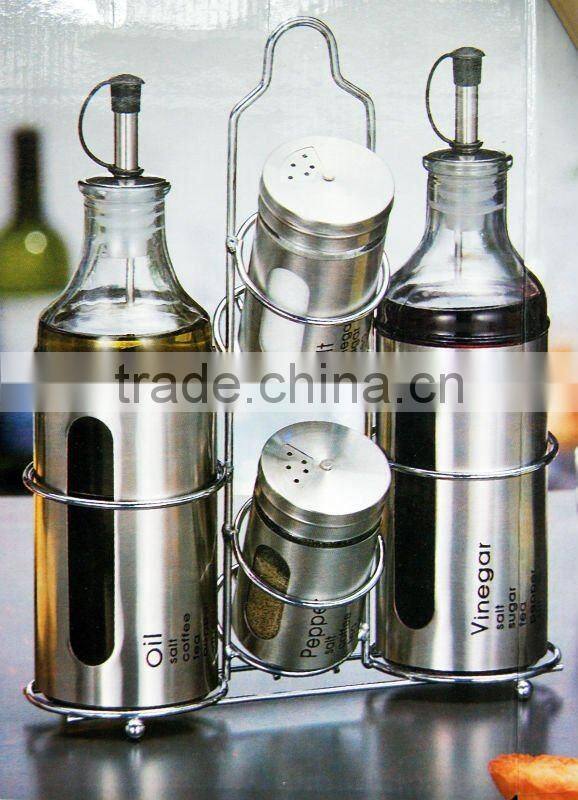 shining stainless steel coated glass cruet with metal rack