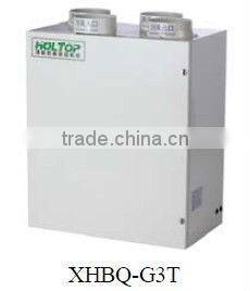 Recovered air ventilation wall hung recuperator with fresh air intake